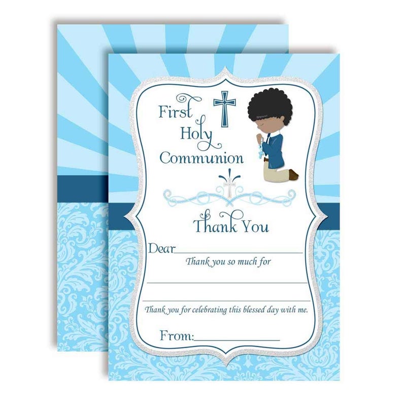 Amanda Creation First Holy Communion Religious Thank You Notes for Boys (Darker Skin, Black Hair), Ten 4" x 5.5" Fill In The Blank Cards with 10 White Envelopes by AmandaCreation - Image 1